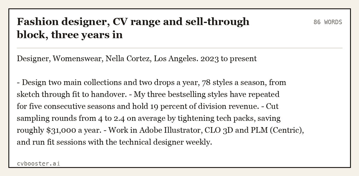 Complete Fashion designer, CV range and sell-through block, three years in example, 86 words, laid out as it would sit in the application form