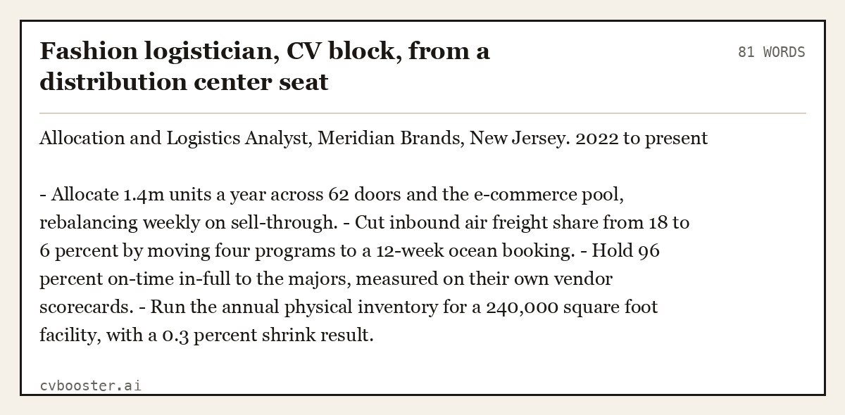 Complete Fashion logistician, CV block, from a distribution center seat example, 81 words, laid out as it would sit in the application form