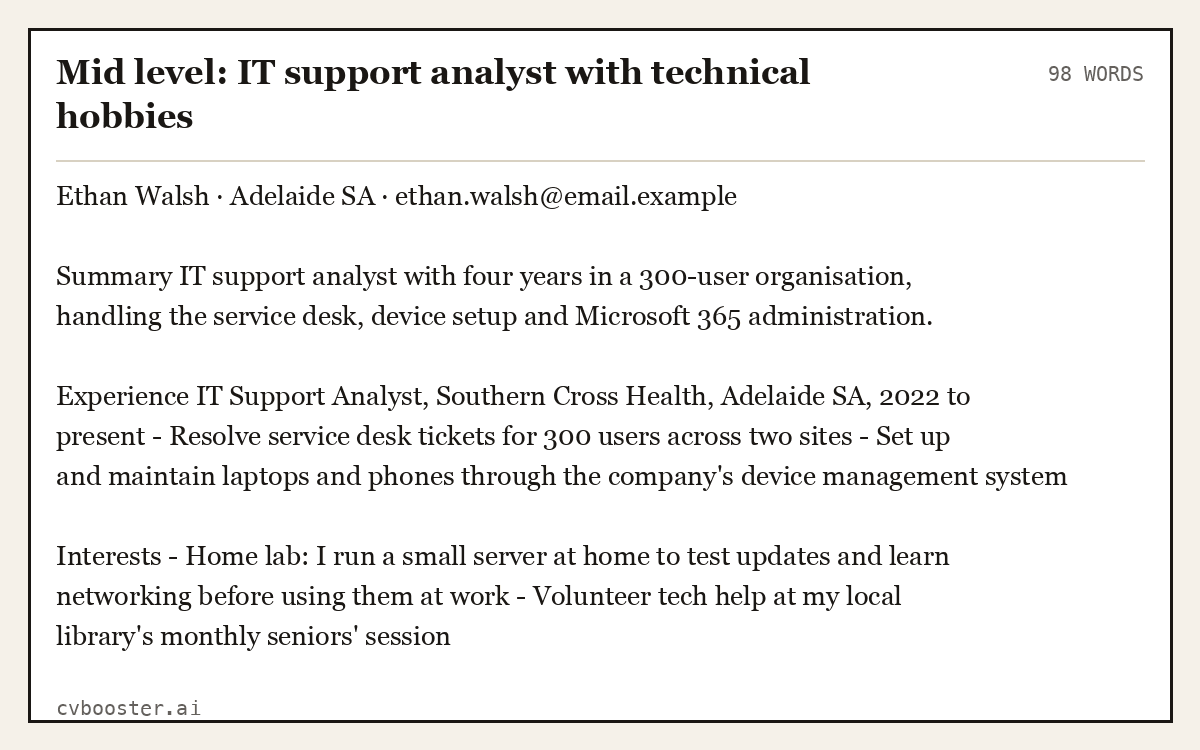 Complete Mid level: IT support analyst with technical hobbies example, 98 words, laid out as it would sit in the application form