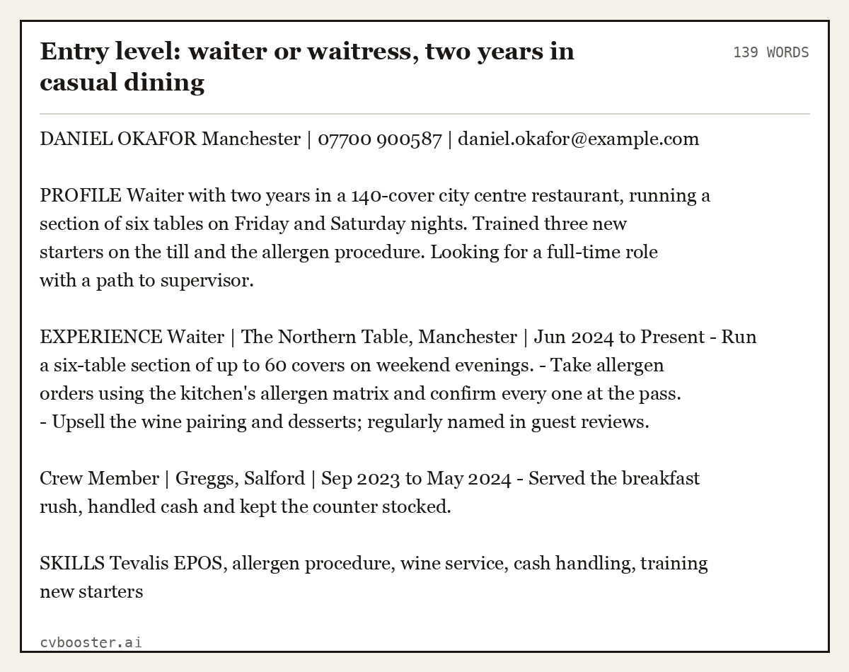 Complete Entry level: waiter or waitress, two years in casual dining example, 139 words, laid out as it would sit in the application form