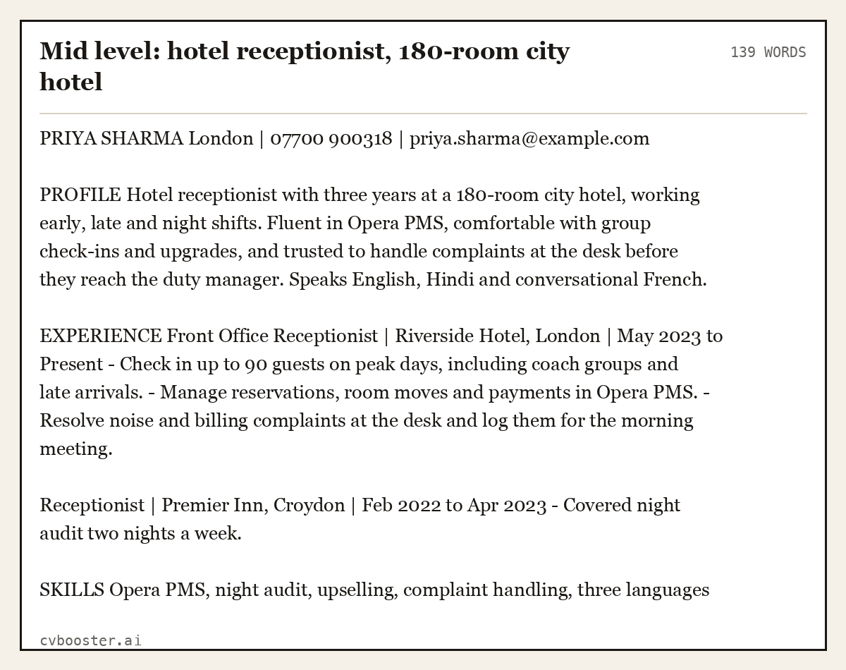 Complete Mid level: hotel receptionist, 180-room city hotel example, 139 words, laid out as it would sit in the application form