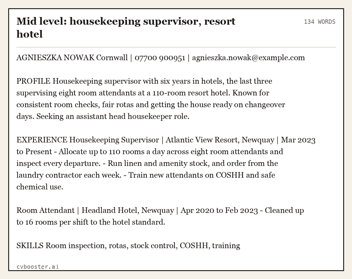 Complete Mid level: housekeeping supervisor, resort hotel example, 134 words, laid out as it would sit in the application form