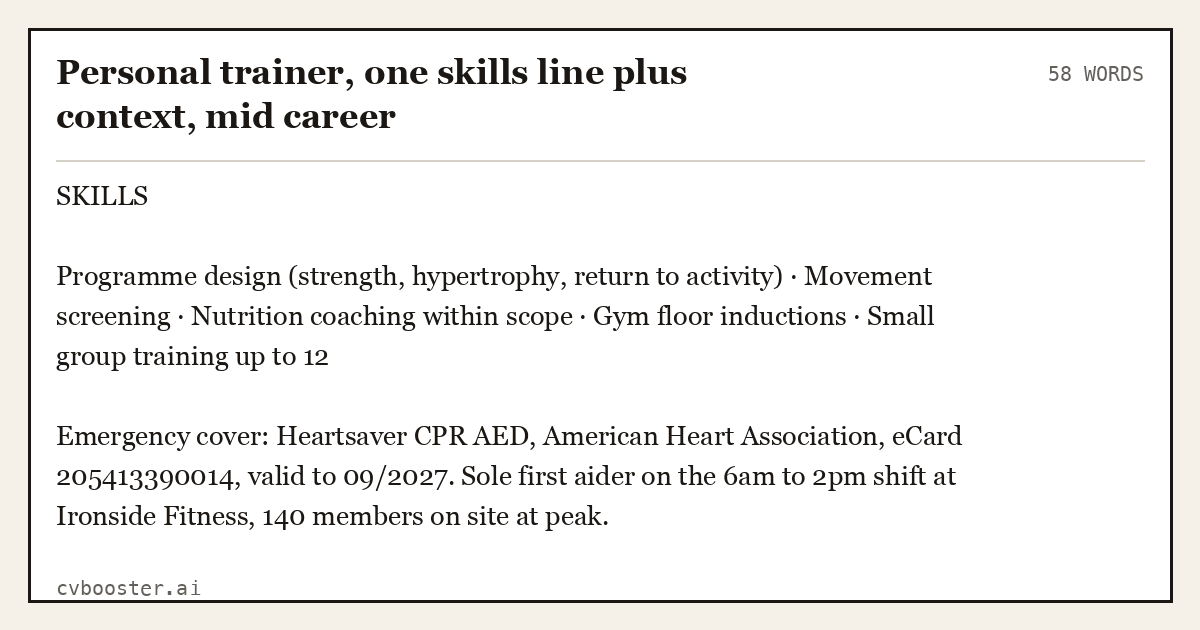Complete Personal trainer, one skills line plus context, mid career example, 58 words, laid out as it would sit in the application form