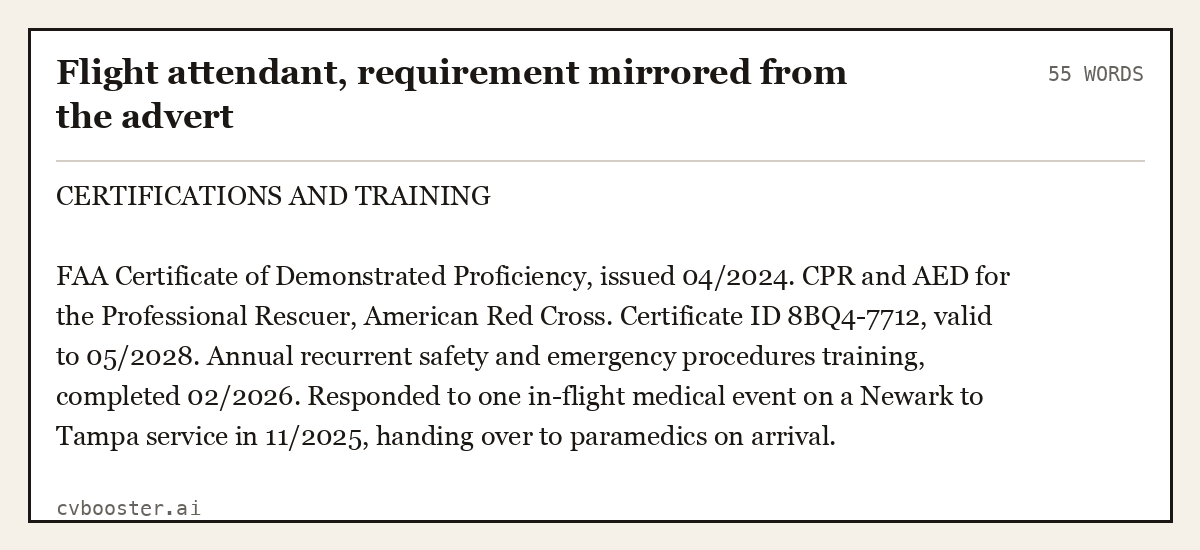 Complete Flight attendant, requirement mirrored from the advert example, 55 words, laid out as it would sit in the application form