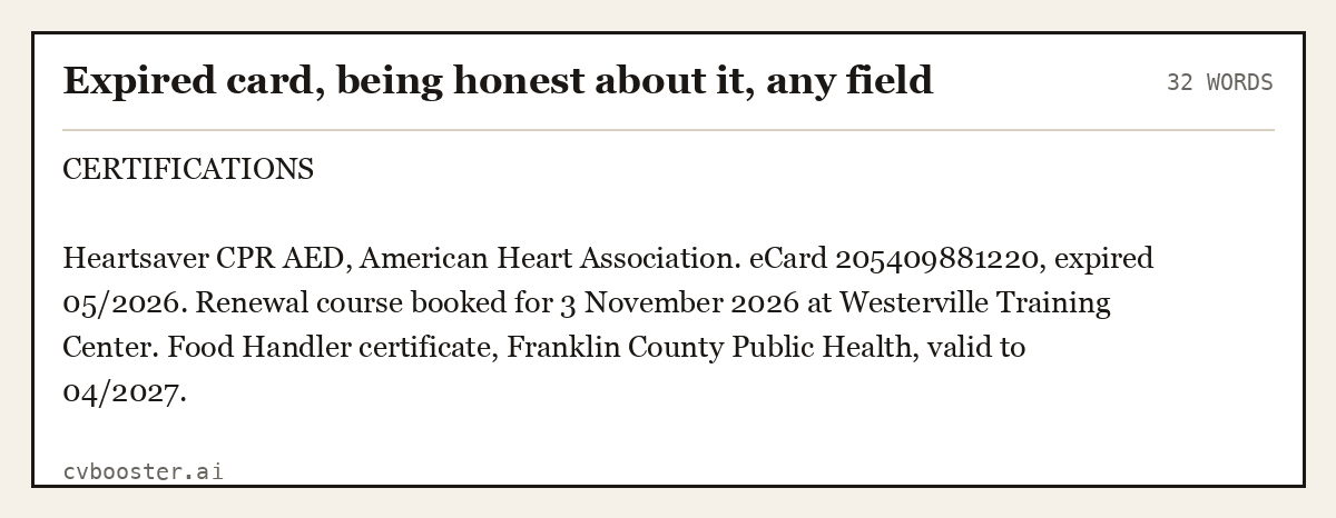 Complete Expired card, being honest about it, any field example, 32 words, laid out as it would sit in the application form