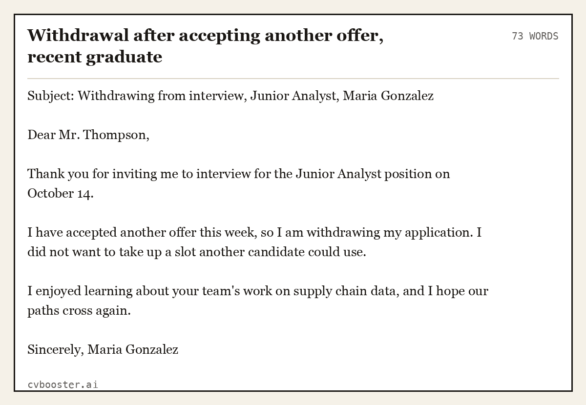 Complete Withdrawal after accepting another offer, recent graduate example, 73 words, laid out as it would sit in the application form