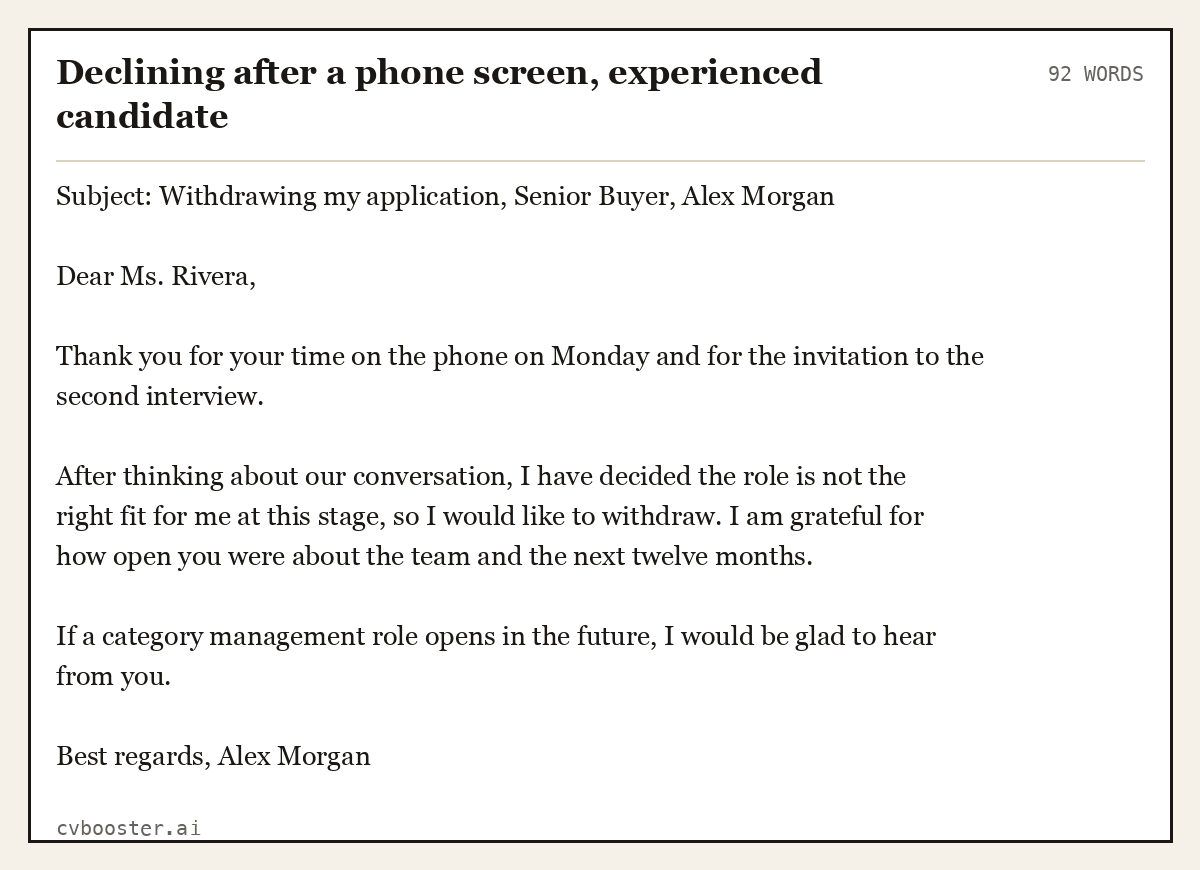 Complete Declining after a phone screen, experienced candidate example, 92 words, laid out as it would sit in the application form