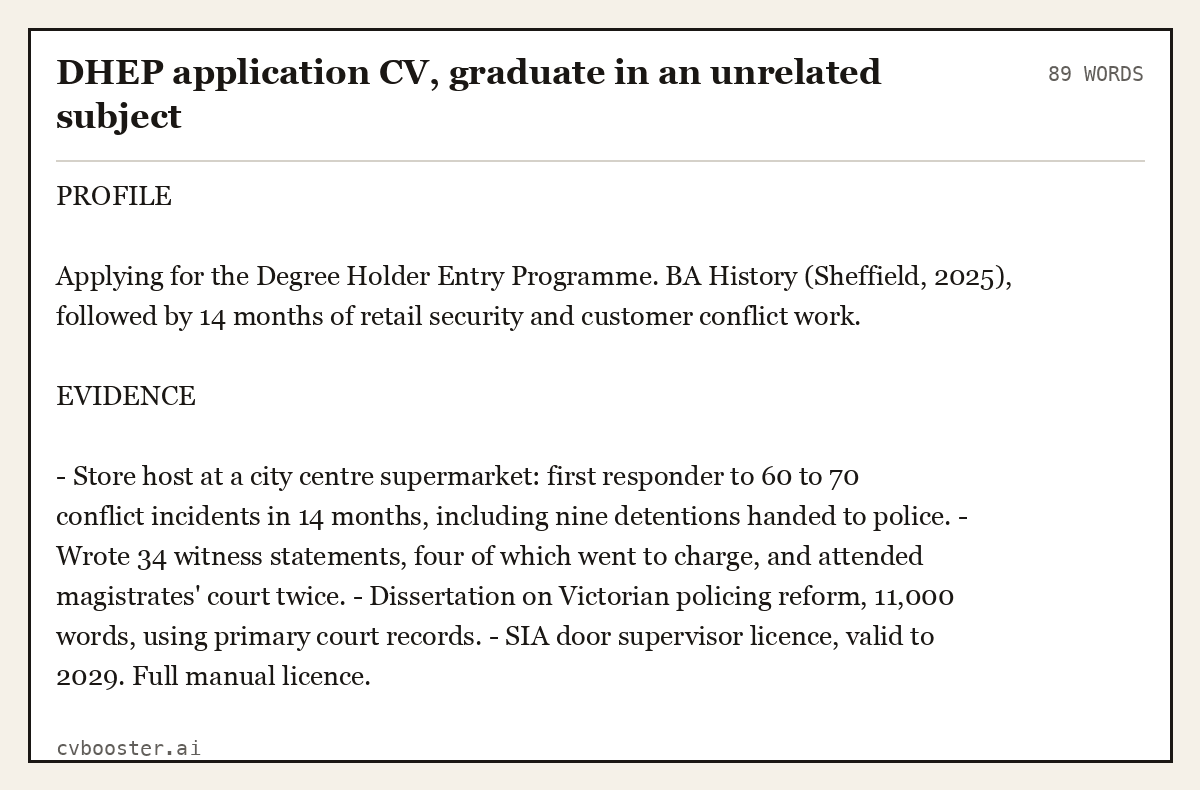 Complete DHEP application CV, graduate in an unrelated subject example, 89 words, laid out as it would sit in the application form