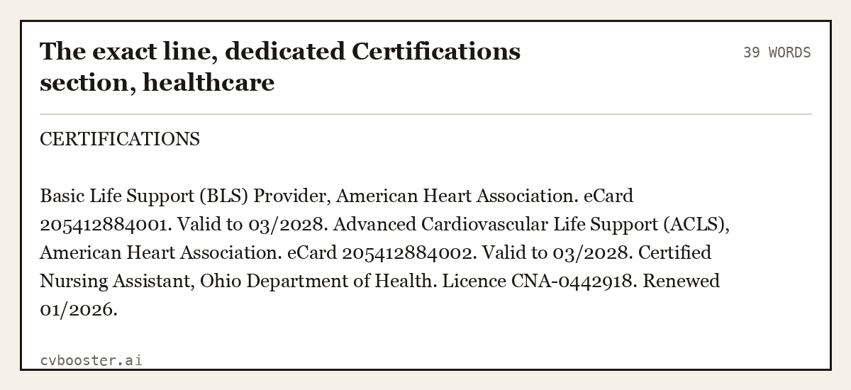 Complete The exact line, dedicated Certifications section, healthcare example, 39 words, laid out as it would sit in the application form