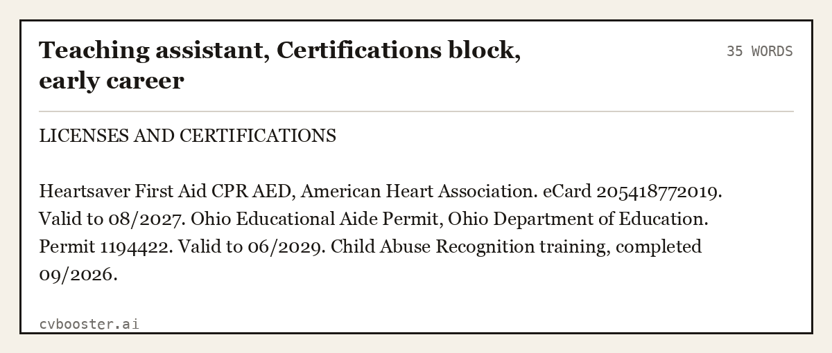Complete Teaching assistant, Certifications block, early career example, 35 words, laid out as it would sit in the application form