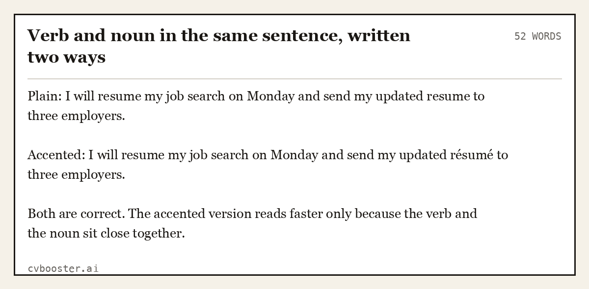 Verb and noun in the same sentence, written two ways, complete example, 52 words