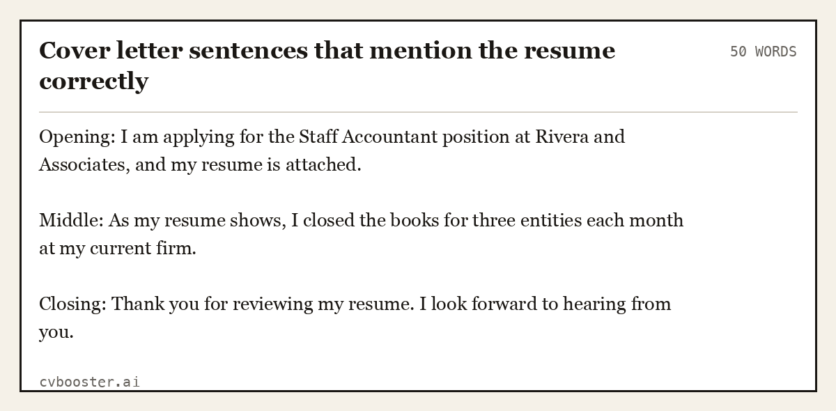 Cover letter sentences that mention the resume correctly, complete example, 50 words