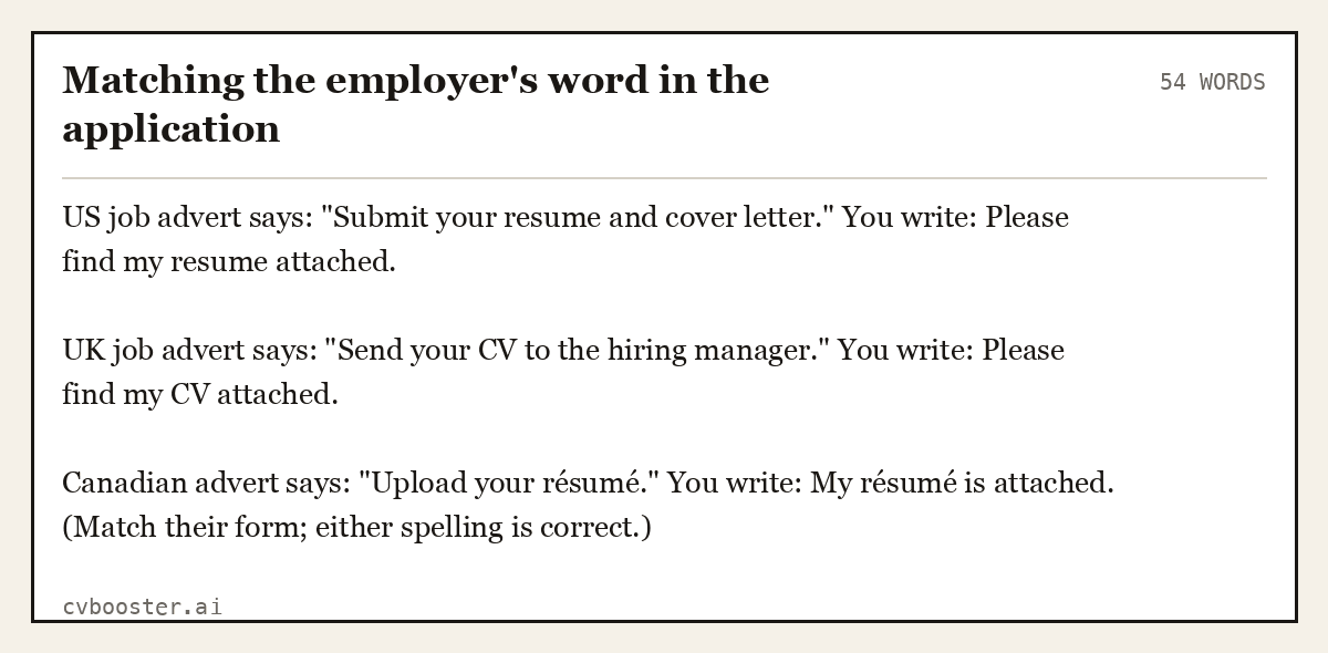 Complete Matching the employer's word in the application example, 54 words, laid out as it would sit in the application form