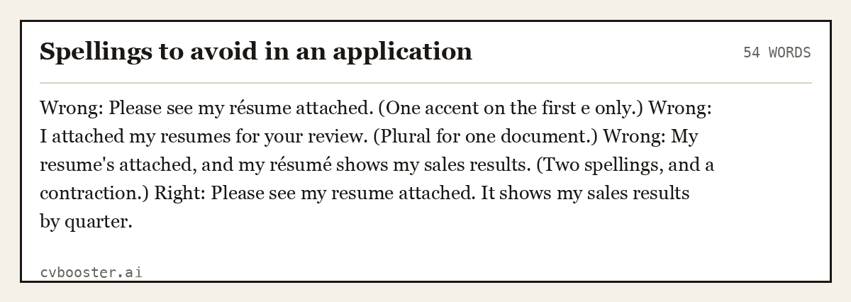 Complete Spellings to avoid in an application example, 54 words, laid out as it would sit in the application form