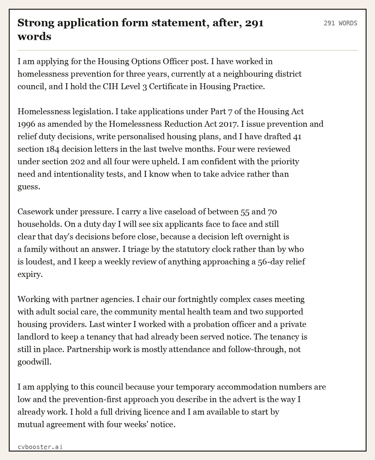 Complete Strong application form statement, after example, 291 words, laid out as it would sit in the application form