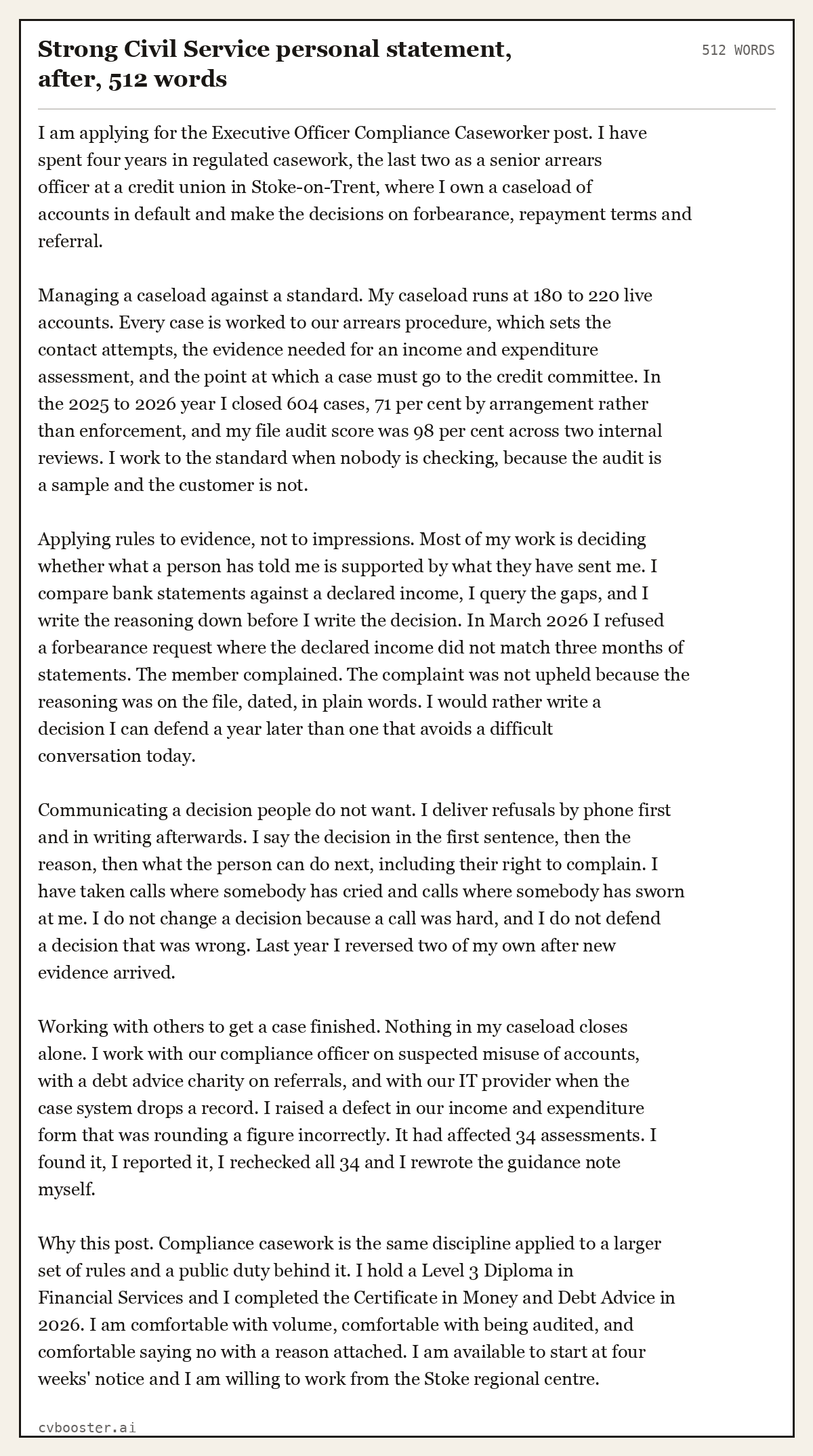 Complete Strong Civil Service personal statement, after example, 512 words, laid out as it would sit in the application form