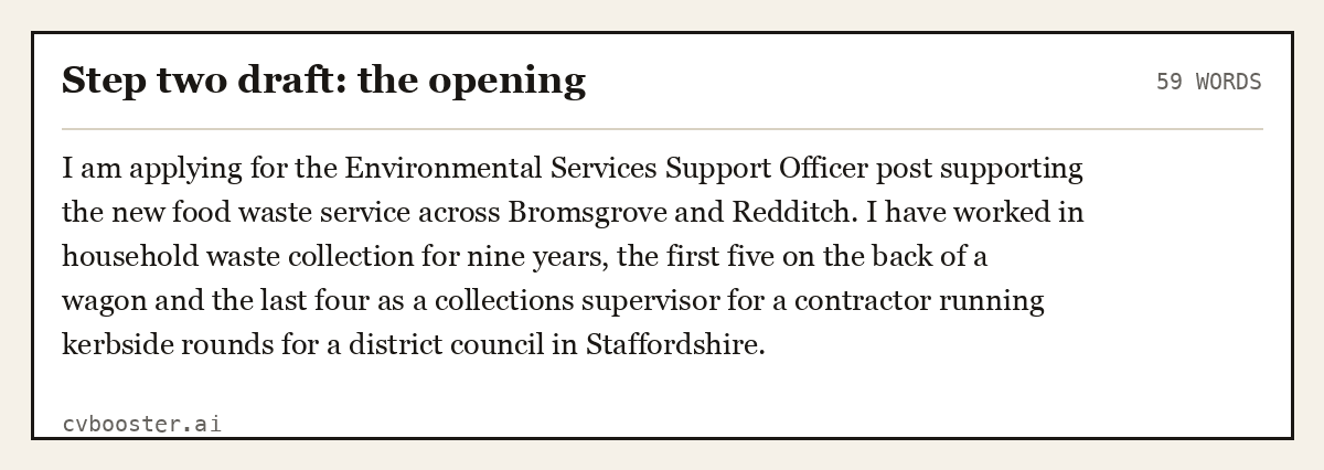 Complete Step two draft: the opening example, 59 words, laid out as it would sit in the application form