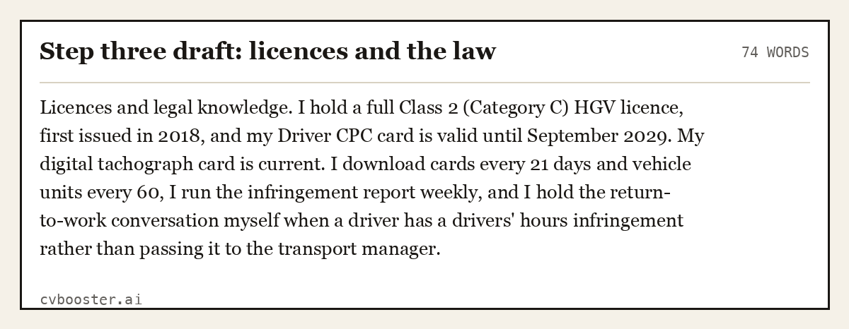 Complete Step three draft: licences and the law example, 74 words, laid out as it would sit in the application form