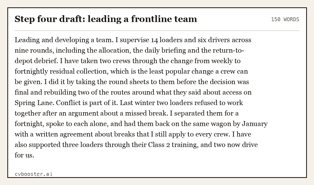 Complete Step four draft: leading a frontline team example, 150 words, laid out as it would sit in the application form