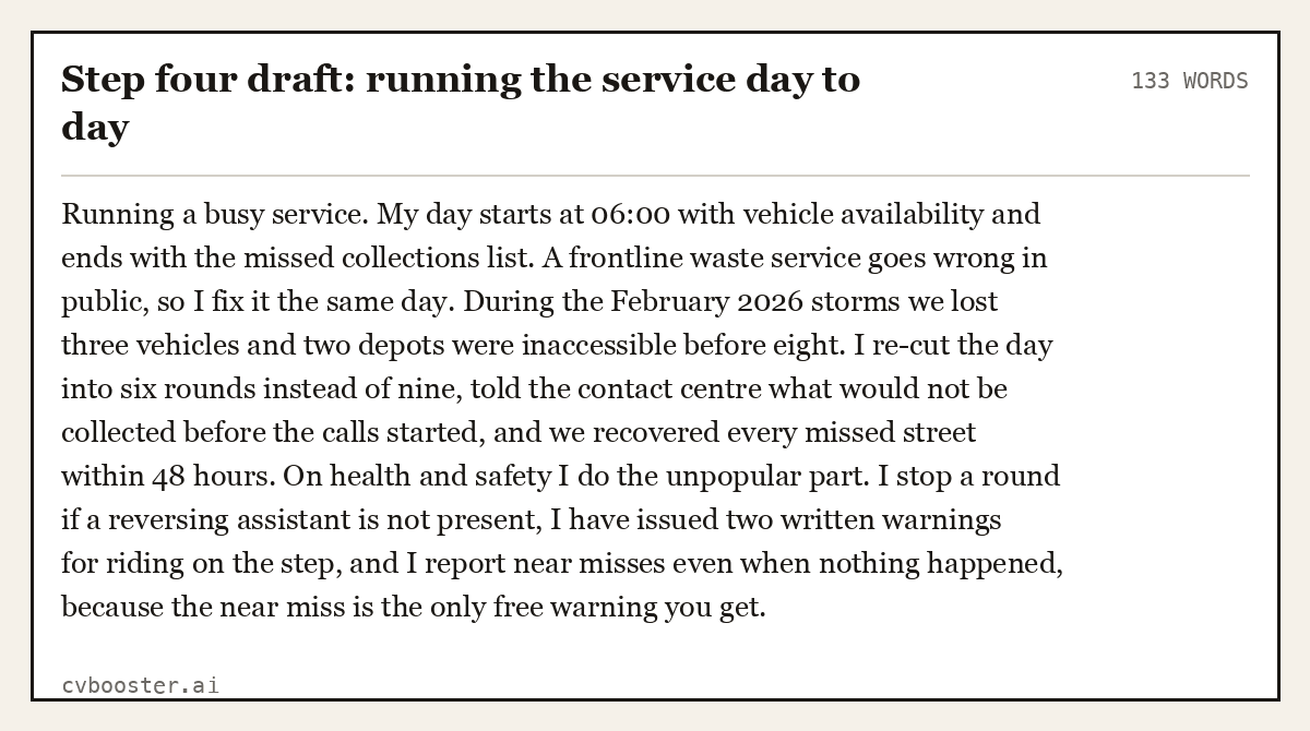 Complete Step four draft: running the service day to day example, 133 words, laid out as it would sit in the application form