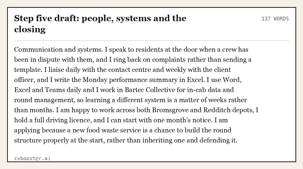 Complete Step five draft: people, systems and the closing example, 137 words, laid out as it would sit in the application form
