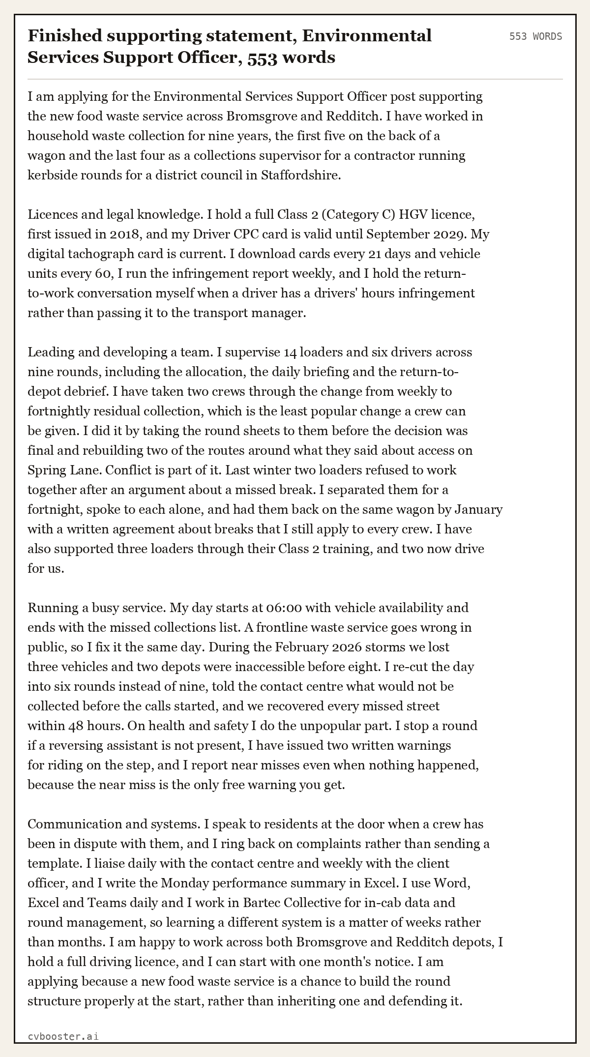 Complete Finished supporting statement, Environmental Services Support Officer example, 553 words, laid out as it would sit in the application form