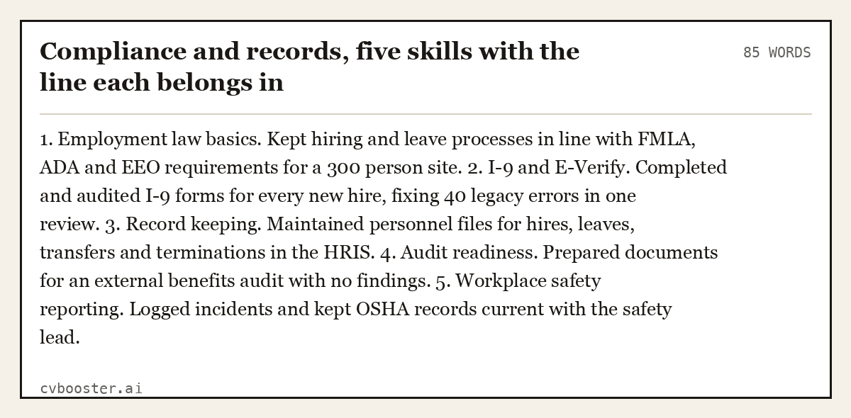 Complete Compliance and records, five skills with the line each belongs in example, 85 words, laid out as it would sit in the application form