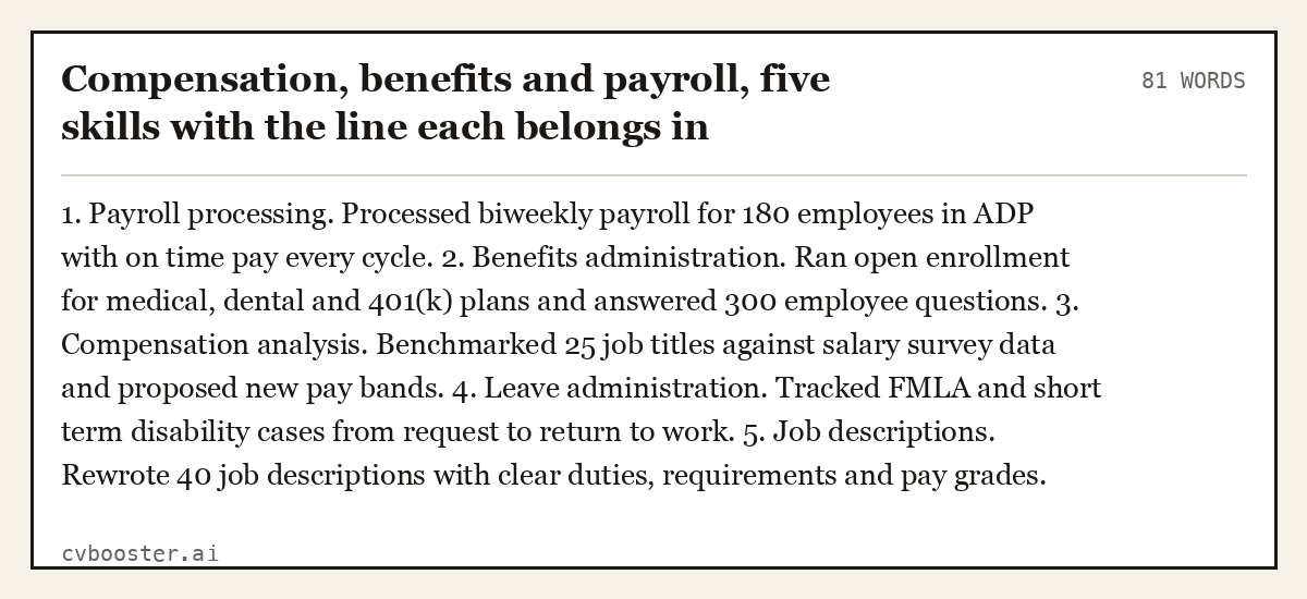 Complete Compensation, benefits and payroll, five skills with the line each belongs in example, 81 words, laid out as it would sit in the application form