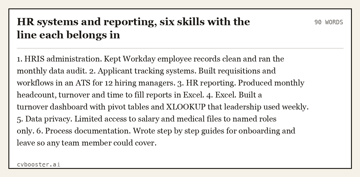 Complete HR systems and reporting, six skills with the line each belongs in example, 90 words, laid out as it would sit in the application form