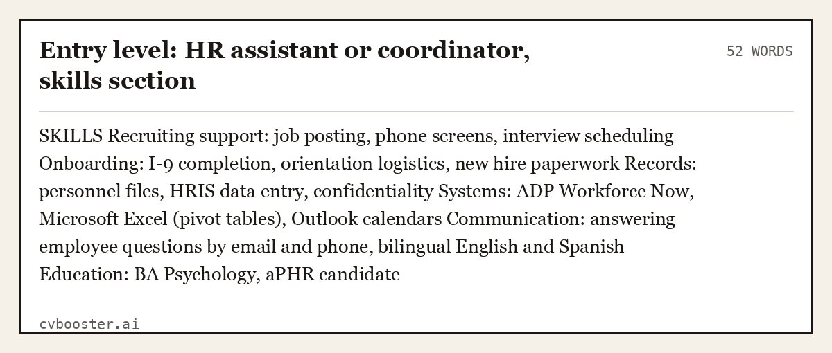 Complete Entry level: HR assistant or coordinator, skills section example, 52 words, laid out as it would sit in the application form