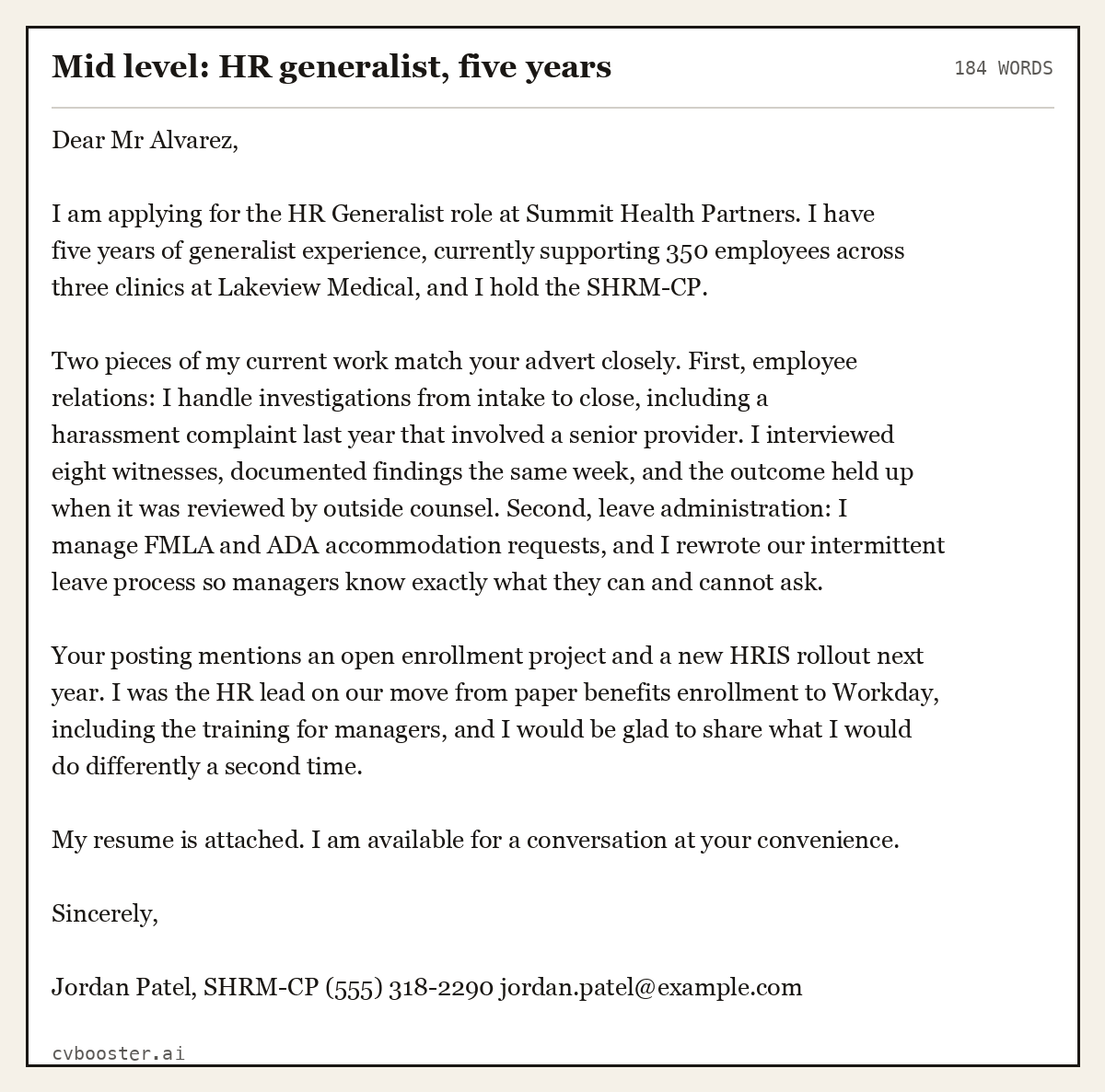 Complete Mid level: HR generalist, five years example, 184 words, laid out as it would sit in the application form