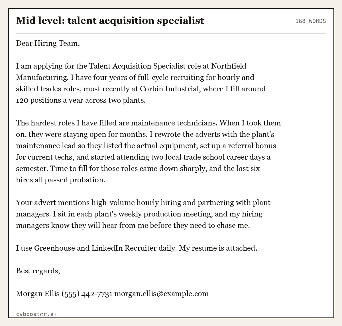 Complete Mid level: talent acquisition specialist example, 168 words, laid out as it would sit in the application form