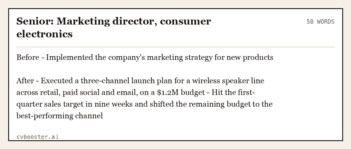 Complete Senior: Marketing director, consumer electronics example, 50 words, laid out as it would sit in the application form