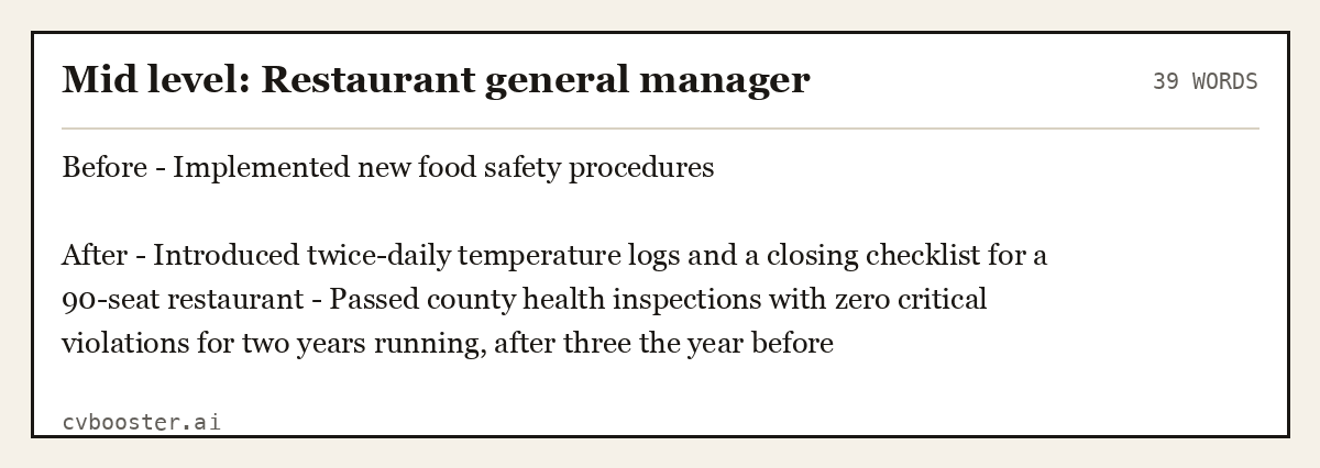 Complete Mid level: Restaurant general manager example, 39 words, laid out as it would sit in the application form