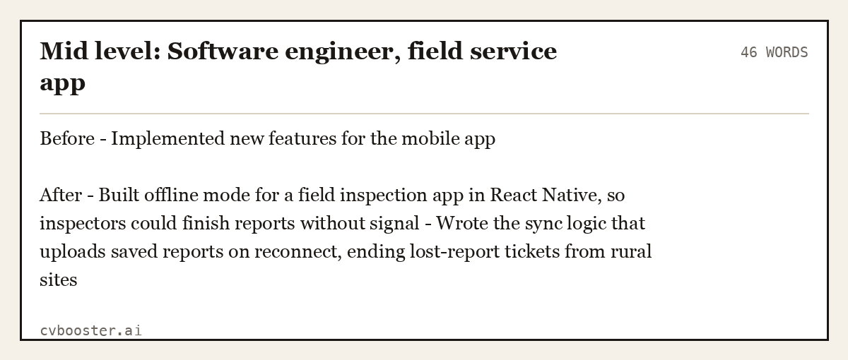 Complete Mid level: Software engineer, field service app example, 46 words, laid out as it would sit in the application form