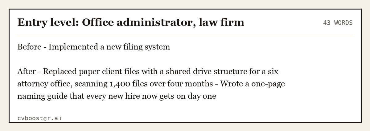 Complete Entry level: Office administrator, law firm example, 43 words, laid out as it would sit in the application form
