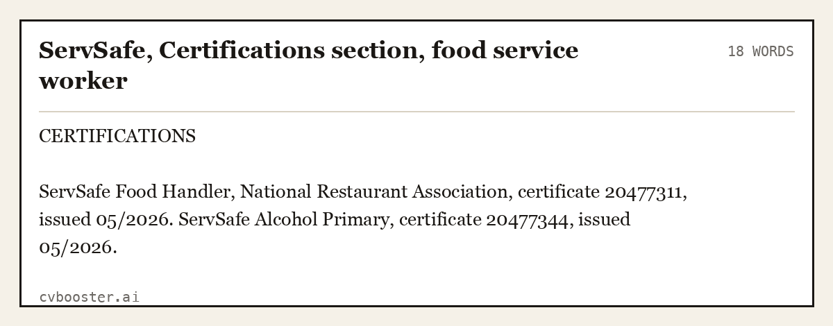 Complete ServSafe, Certifications section, food service worker example, 18 words, laid out as it would sit in the application form