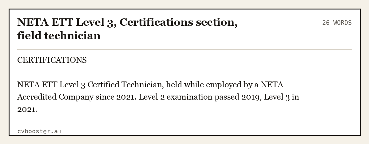 Complete NETA ETT Level 3, Certifications section, field technician example, 26 words, laid out as it would sit in the application form