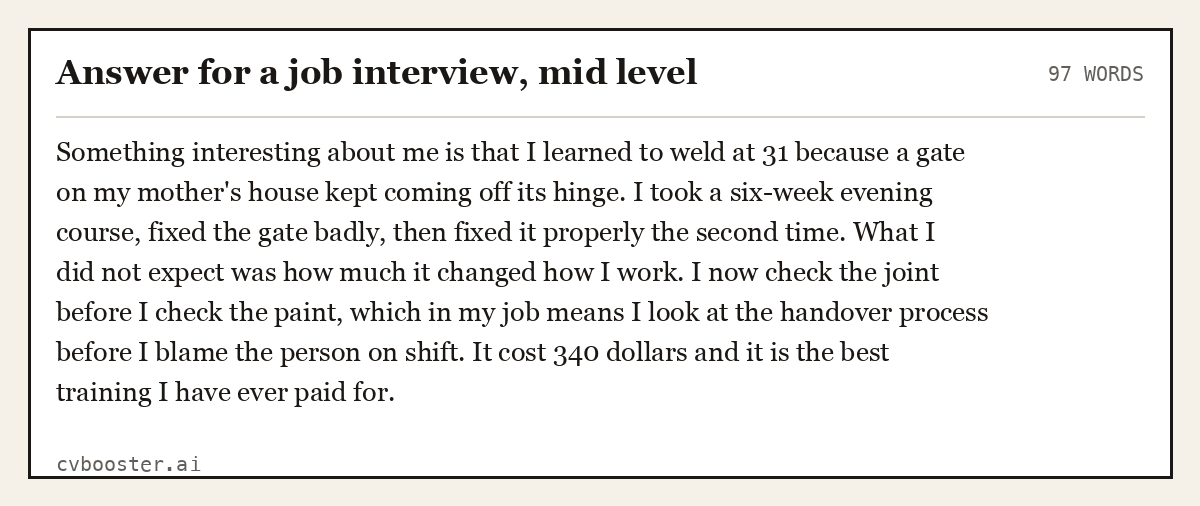 Complete Answer for a job interview, mid level example, 97 words, laid out as it would sit in the application form