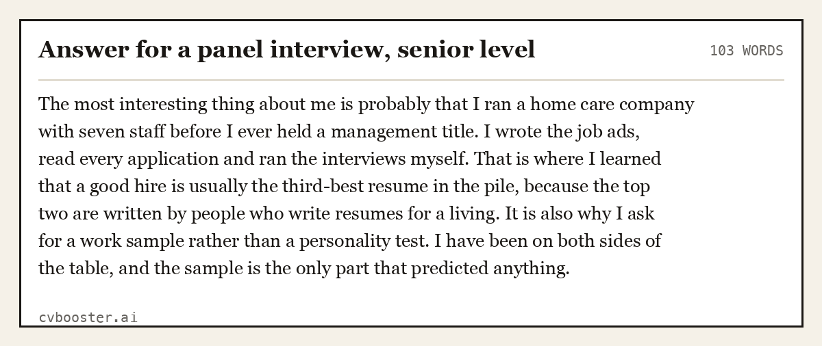 Complete Answer for a panel interview, senior level example, 103 words, laid out as it would sit in the application form