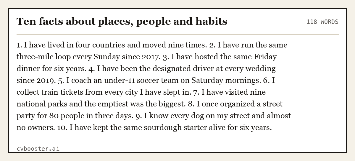 Complete Ten facts about places, people and habits example, 118 words, laid out as it would sit in the application form