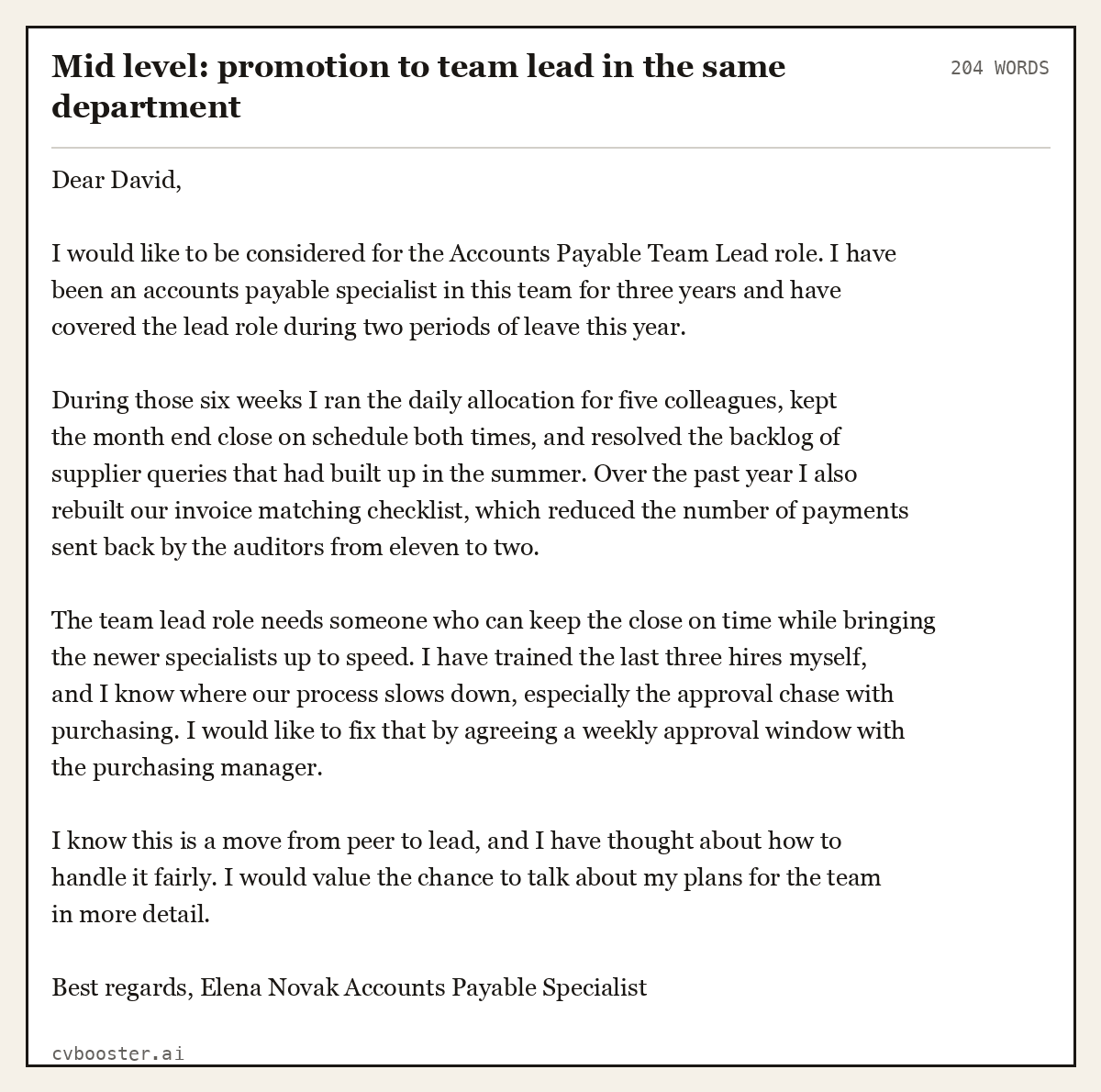 Complete Mid level: promotion to team lead in the same department example, 204 words, laid out as it would sit in the application form