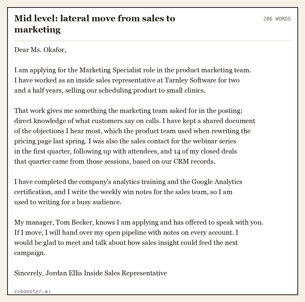 Complete Mid level: lateral move from sales to marketing example, 206 words, laid out as it would sit in the application form