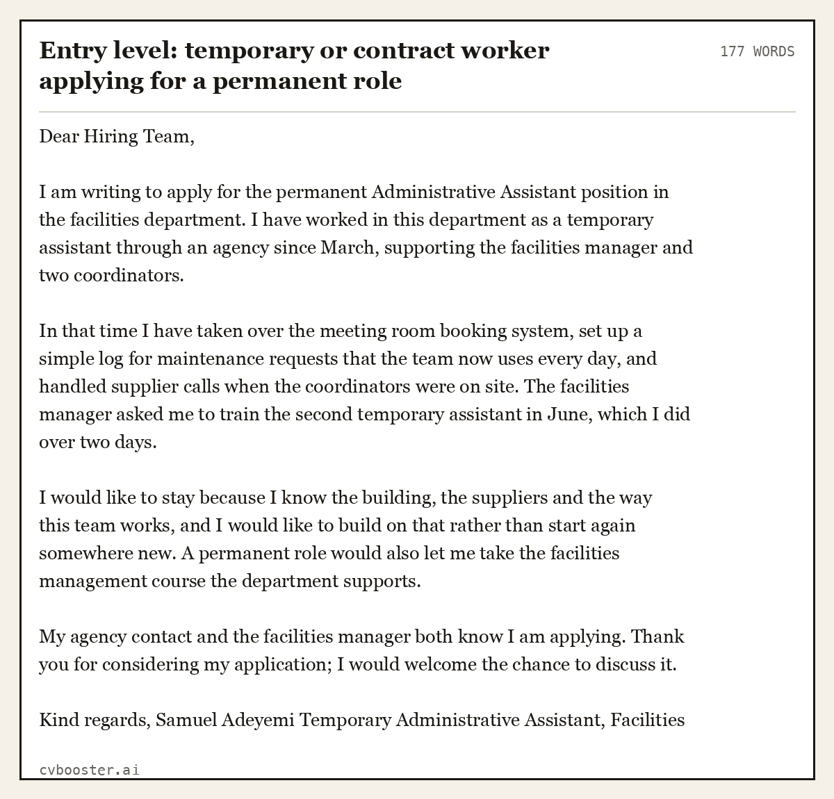 Complete Entry level: temporary or contract worker applying for a permanent role example, 177 words, laid out as it would sit in the application form