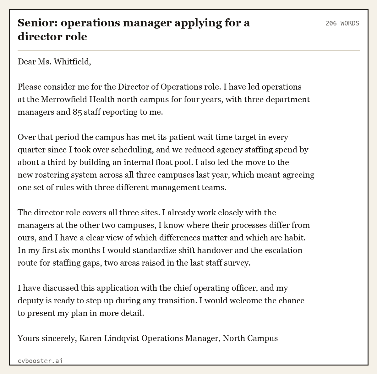 Complete Senior: operations manager applying for a director role example, 206 words, laid out as it would sit in the application form