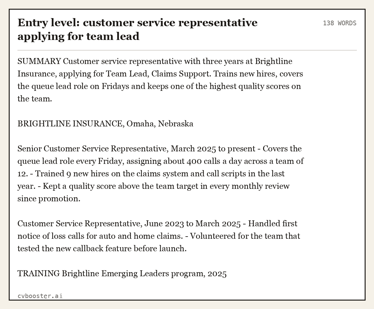 Complete Entry level: customer service representative applying for team lead example, 138 words, laid out as it would sit in the application form