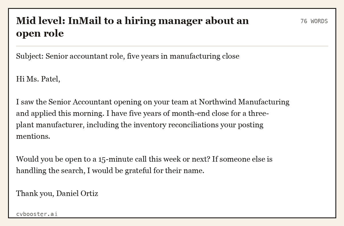 Mid level: InMail to a hiring manager about an open role, complete example, 76 words