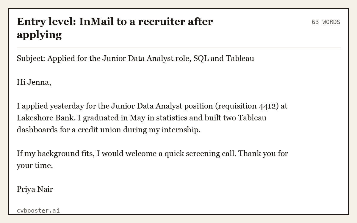 Entry level: InMail to a recruiter after applying, complete example, 63 words