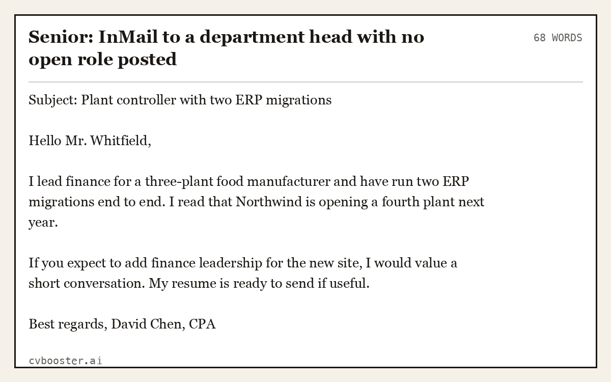 Senior: InMail to a department head with no open role posted, complete example, 68 words