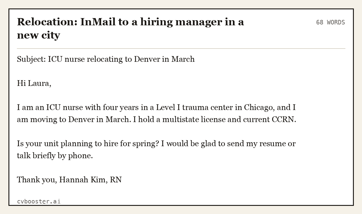 Relocation: InMail to a hiring manager in a new city, complete example, 68 words